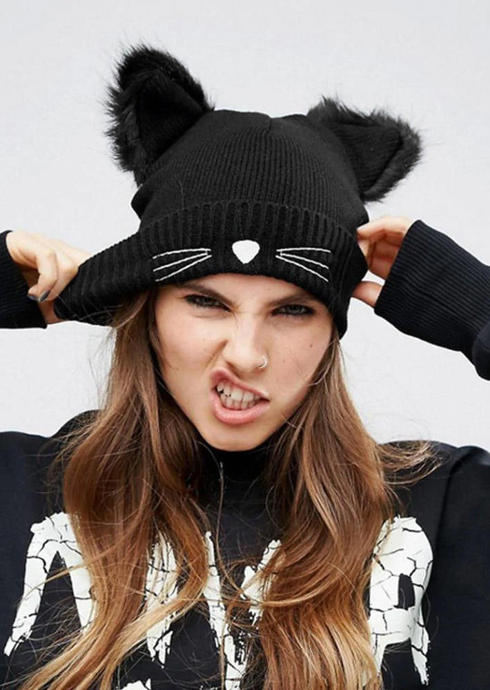 

Plush Cat Whiskers Beanie Hat, Black, SCM009697