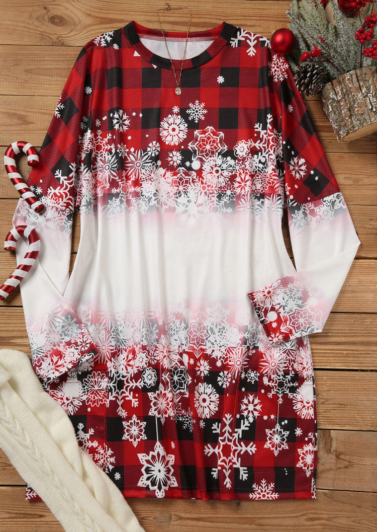 Christmas Snowflake Plaid Gradient Mini Dress - Red