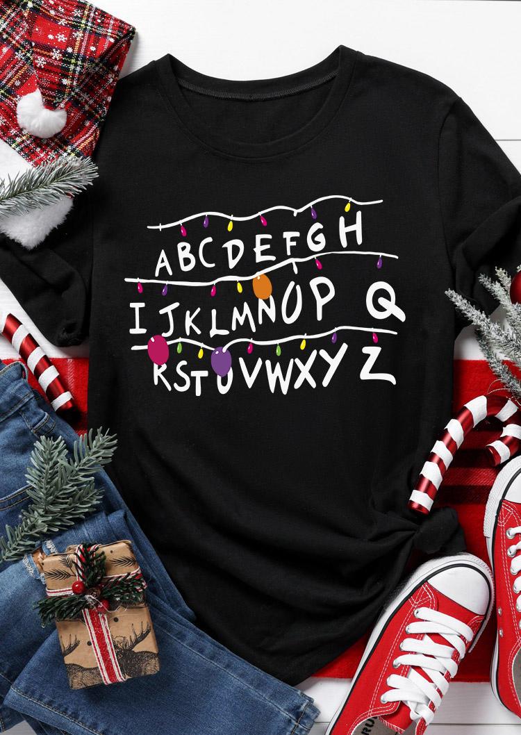 

Christmas Alphabet Lantern O-Neck T-Shirt Tee - Black, SCM009747