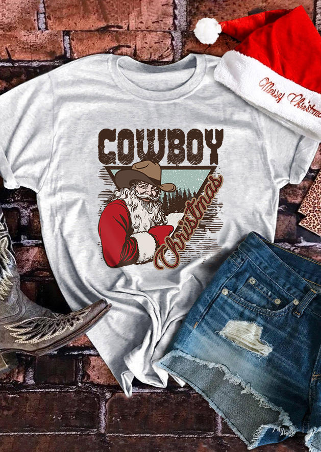 

Christmas Cowboy Santa Claus O-Neck T-Shirt Tee - Light Grey, Gray, SCM009758