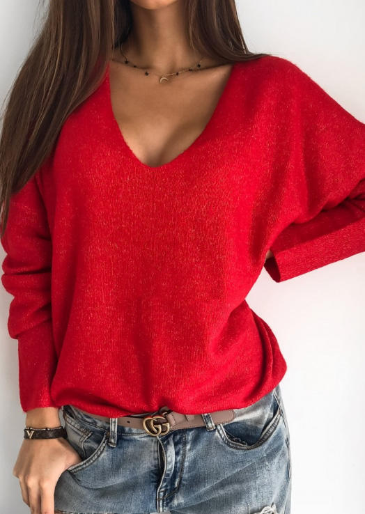 

Long Sleeve V-Neck Casual Sweater - Red, SCM009767