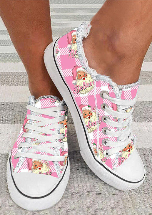 

Christmas Santa Claus Plaid Flat Sneakers - Pink, SCM009796