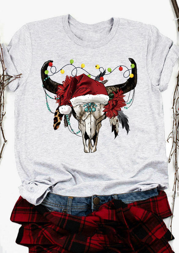 

Christmas Hat Lantern Steer Skull Leopard T-Shirt Tee - Light Grey, Gray, SCM009801