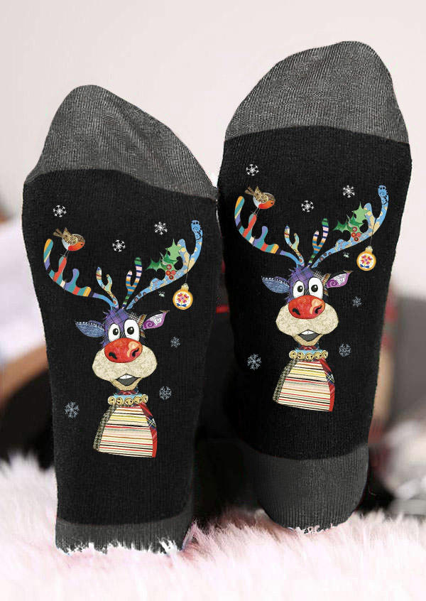 

Christmas Reindeer Snowflake Casual Crew Socks - Black, SCM009868
