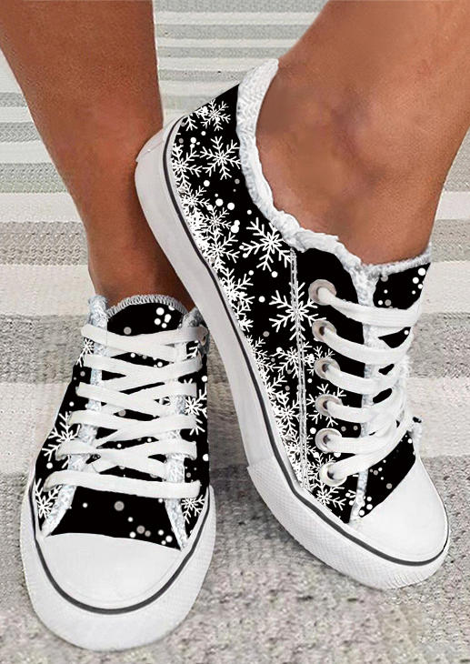

Christmas Snowflake Lace Up Flat Sneakers - Black, SCM009920