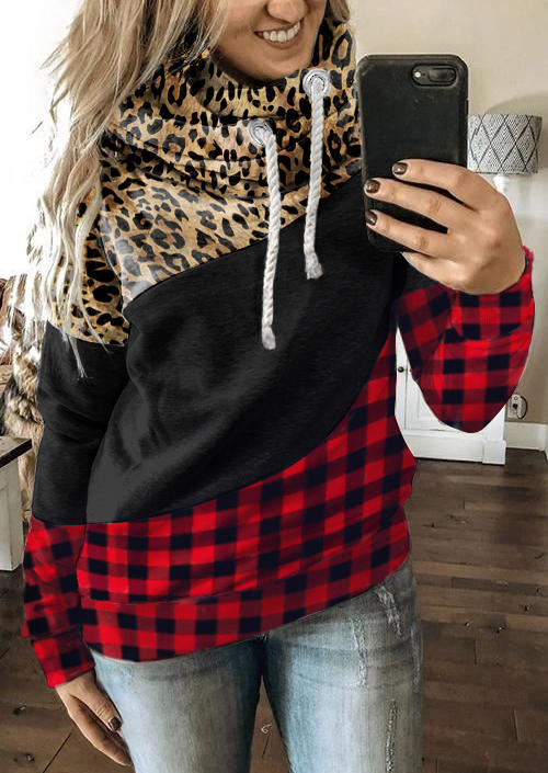 

Leopard Plaid Long Sleeve Hoodie, Multicolor, SCM008973