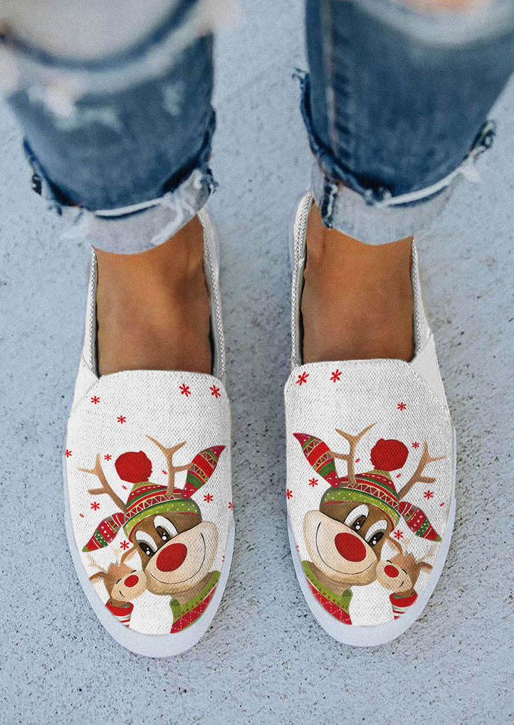 

Christmas Reindeer Round Toe Flat Sneakers - White, SCM009012