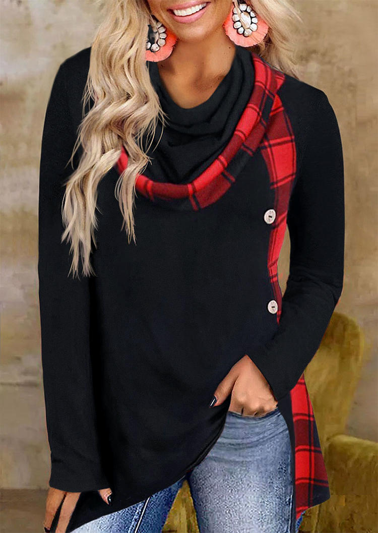 Button Plaid Hooded Long Sleeve Blouse - Black