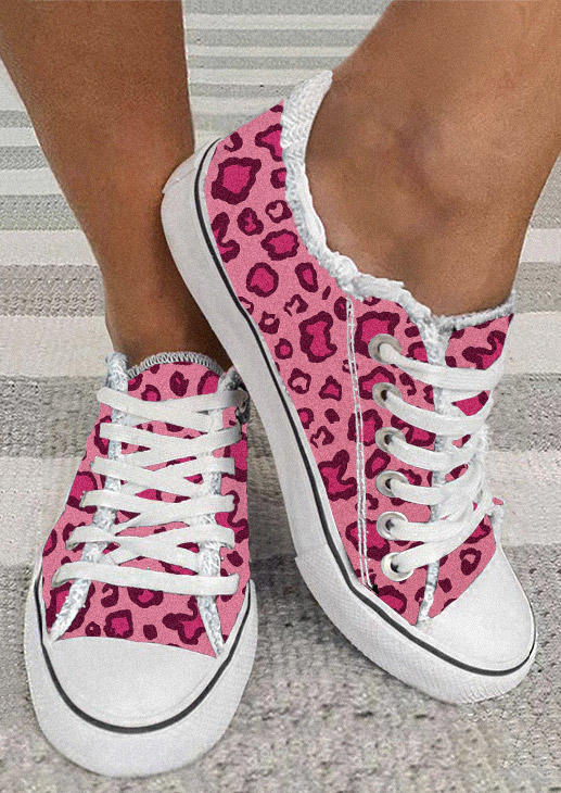 

Leopard Lace Up Round Toe Flat Sneakers - Pink, SCM009334