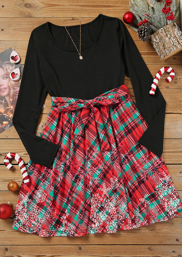 Christmas Snowflake Plaid Tie Mini Dress With Belt