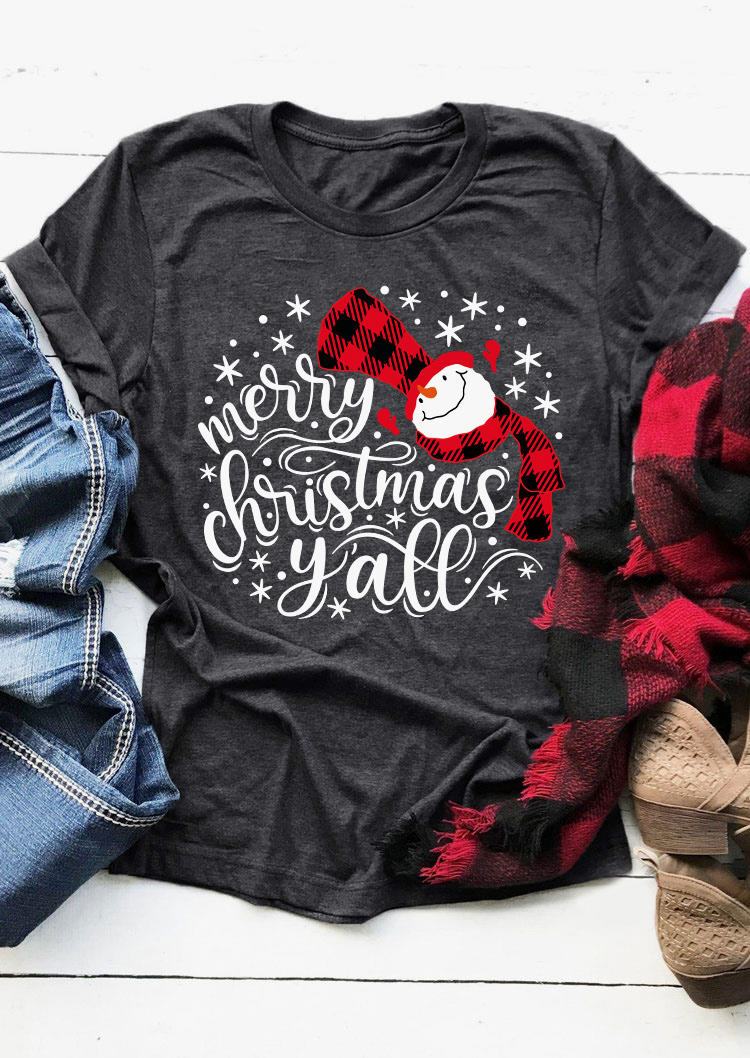 Merry Christmas Y'all Snowflake Plaid T-Shirt Tee - Dark Grey