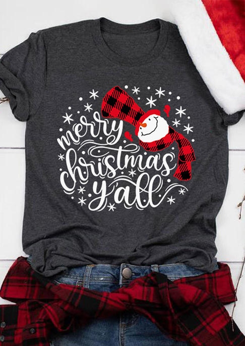 

Merry Christmas Y'all Snowflake Plaid T-Shirt Tee - Dark Grey, Gray, SCM009438