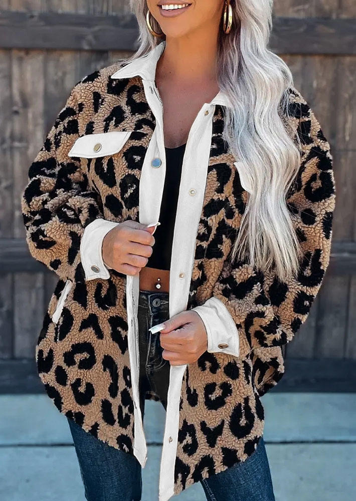 

Leopard Pocket Button Plush Warm Coat, Multicolor, SCM009548