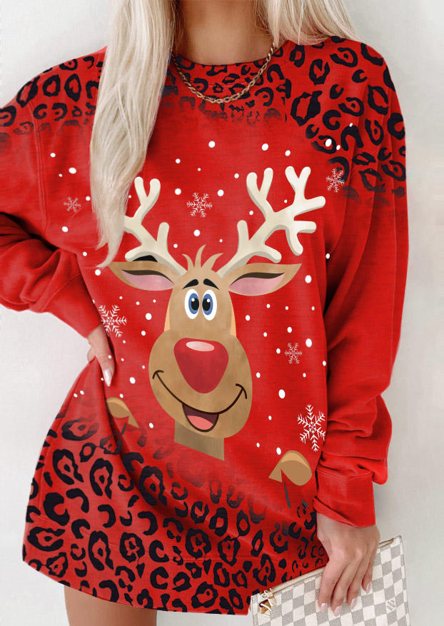 

Christmas Reindeer Snowflake Leopard Sweatshirt Mini Dress - Red, SCM009575