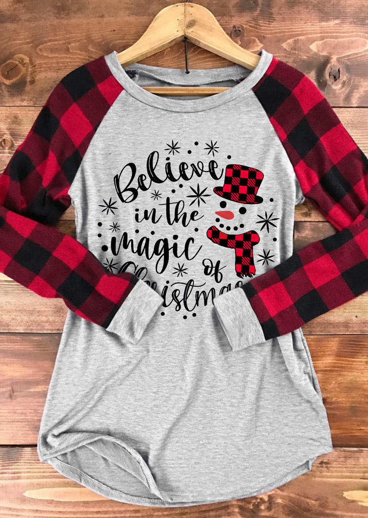 Believe In The Magic Of Christmas Snowman Plaid T-Shirt Tee - Light Grey