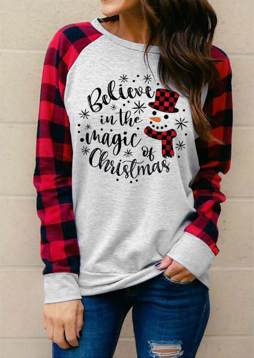 

Believe In The Magic Of Christmas Snowman Plaid T-Shirt Tee - Light Grey, Gray, SCM009647