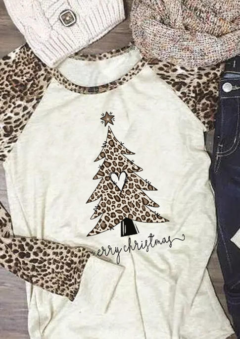 

Merry Christmas Tree Heart Leopard Long Sleeve T-Shirt Tee, Multicolor, SCM009652