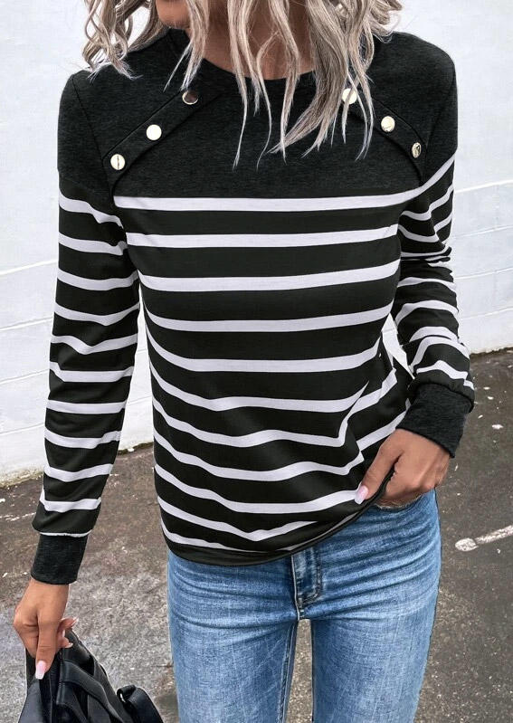 

Striped Button Long Sleeve Blouse - Black, SCM009664
