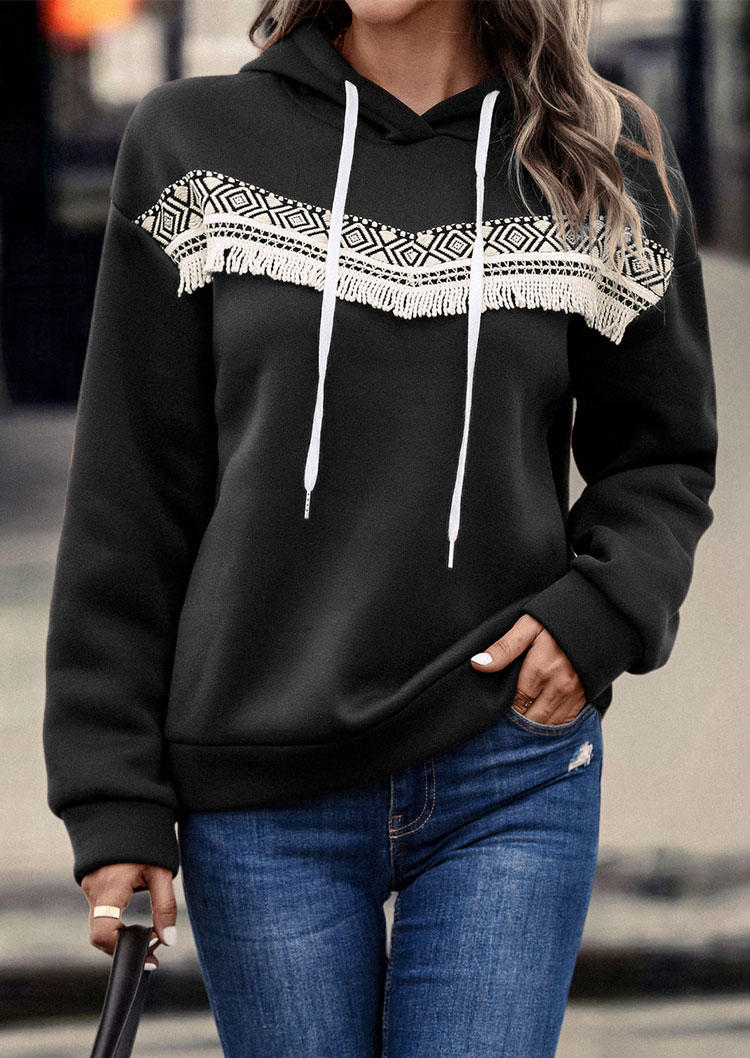 

Geometric Tassel Long Sleeve Hoodie - Black, SCM009765
