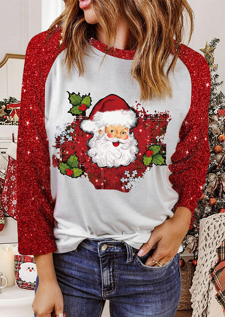 

Christmas Glitter Santa Claus Raglan Sleeve T-Shirt Tee - White, SCM009781