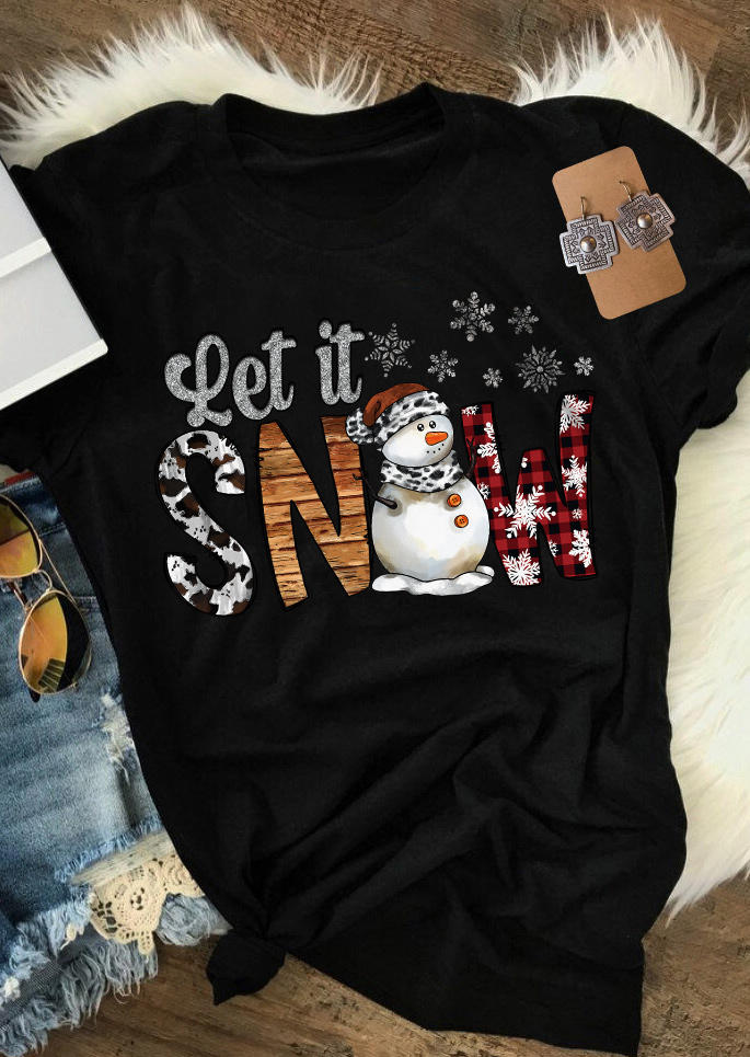 

Christmas Let It Snow Snowman Snowflake Plaid T-Shirt Tee - Black, SCM009876