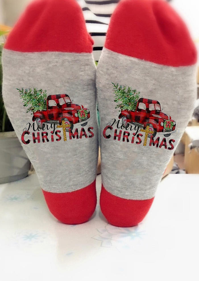 

Merry Christmas Plaid Truck Tree Crew Socks, Red, SCM009928