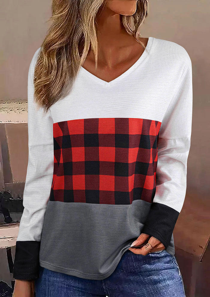 

Buffalo Plaid Color Block V-Neck Blouse, Multicolor, SCM007793