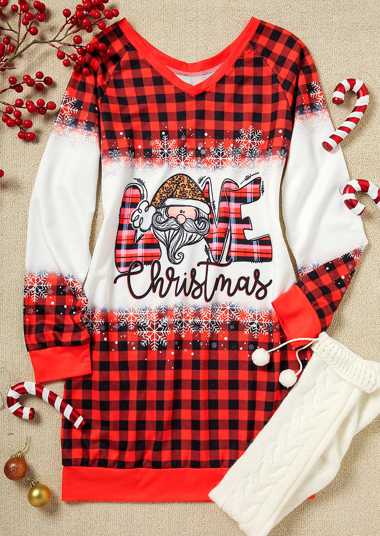 Love Christmas Santa Claus Snowflake Buffalo Plaid Sweatshirt Mini Dress