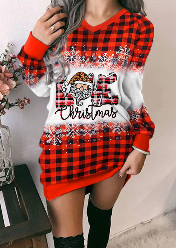 Love Christmas Santa Claus Snowflake Buffalo Plaid Sweatshirt Mini Dress