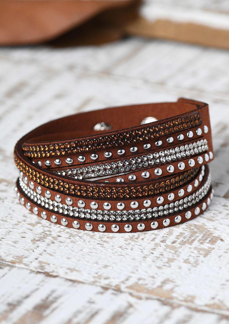 Rivet Rhinestone Multi-Layered Leather Bracelet