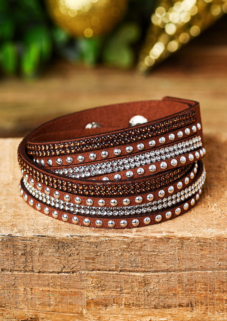 Rivet Rhinestone Multi-Layered Leather Bracelet