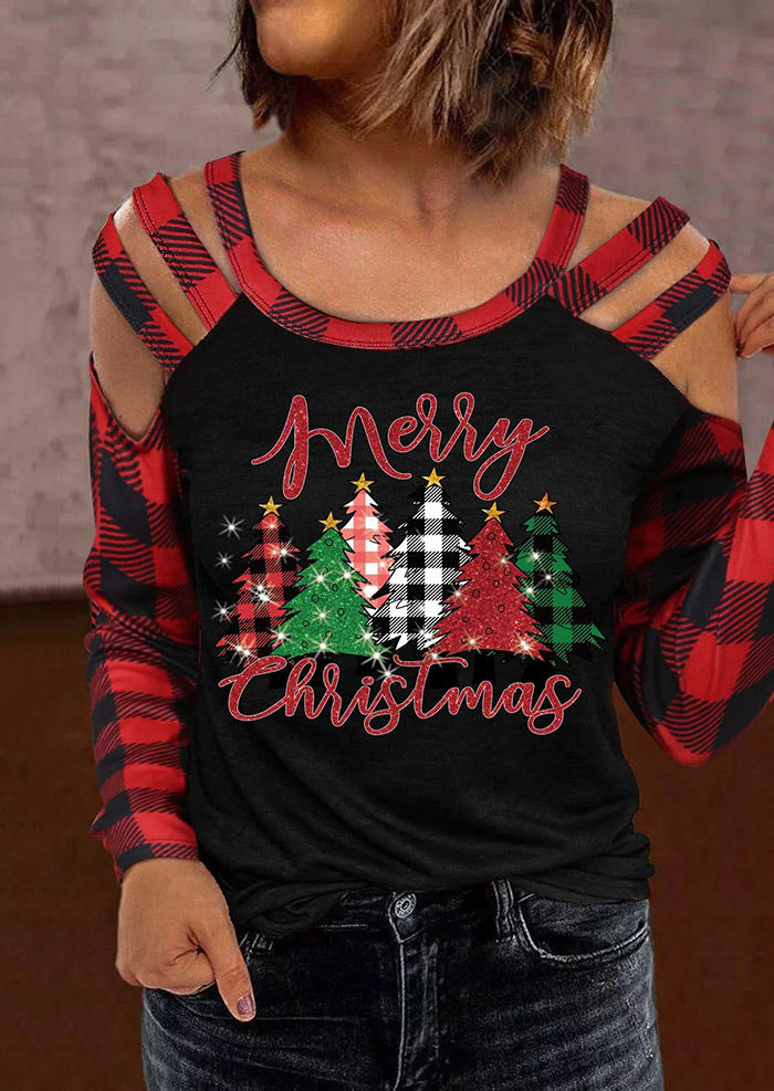 

Merry Christmas Plaid Hollow Out Blouse, Multicolor, SCM009621
