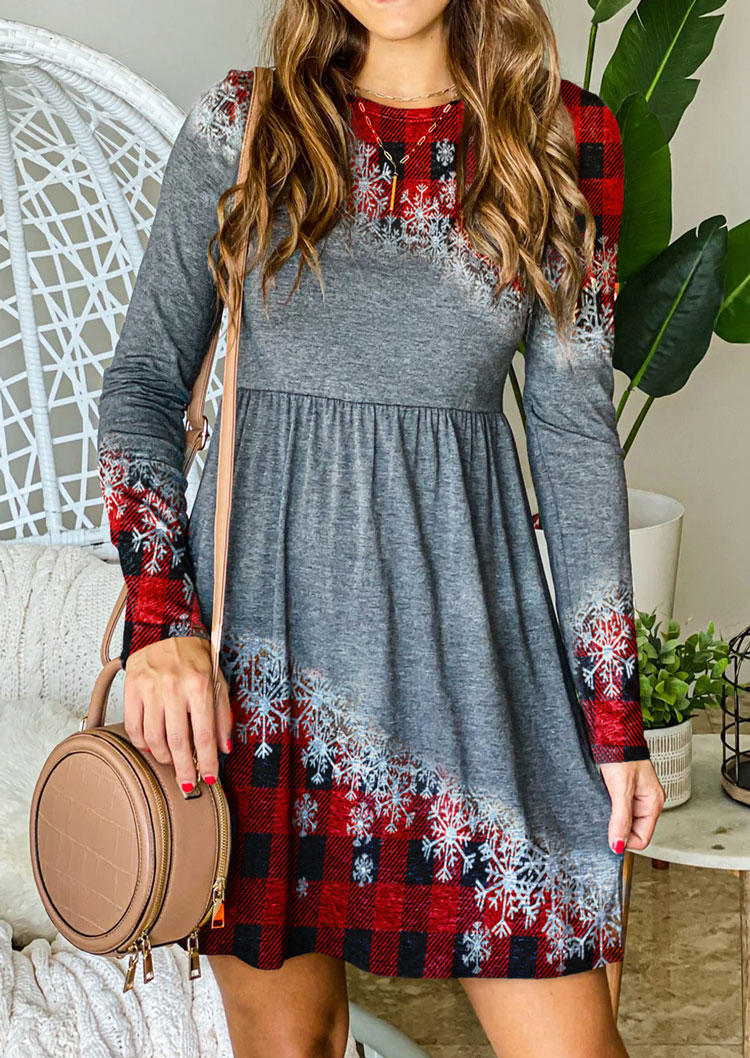 

Christmas Snowflake Gradient Plaid Mini Dress - Gray, SCM009636