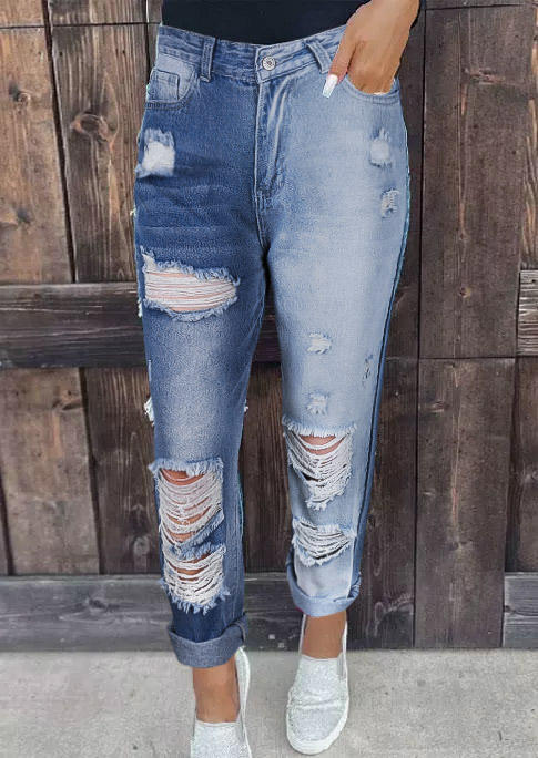 

Ripped Hole Distressed Pocket Denim Jeans - Blue, SCM009820