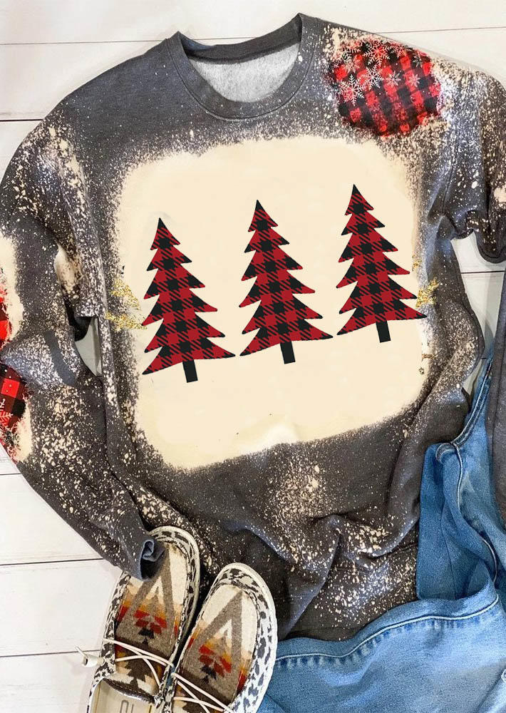 

Christmas Tree Snowflake Plaid Bleached Sweatshirt - Gray, SCM009855
