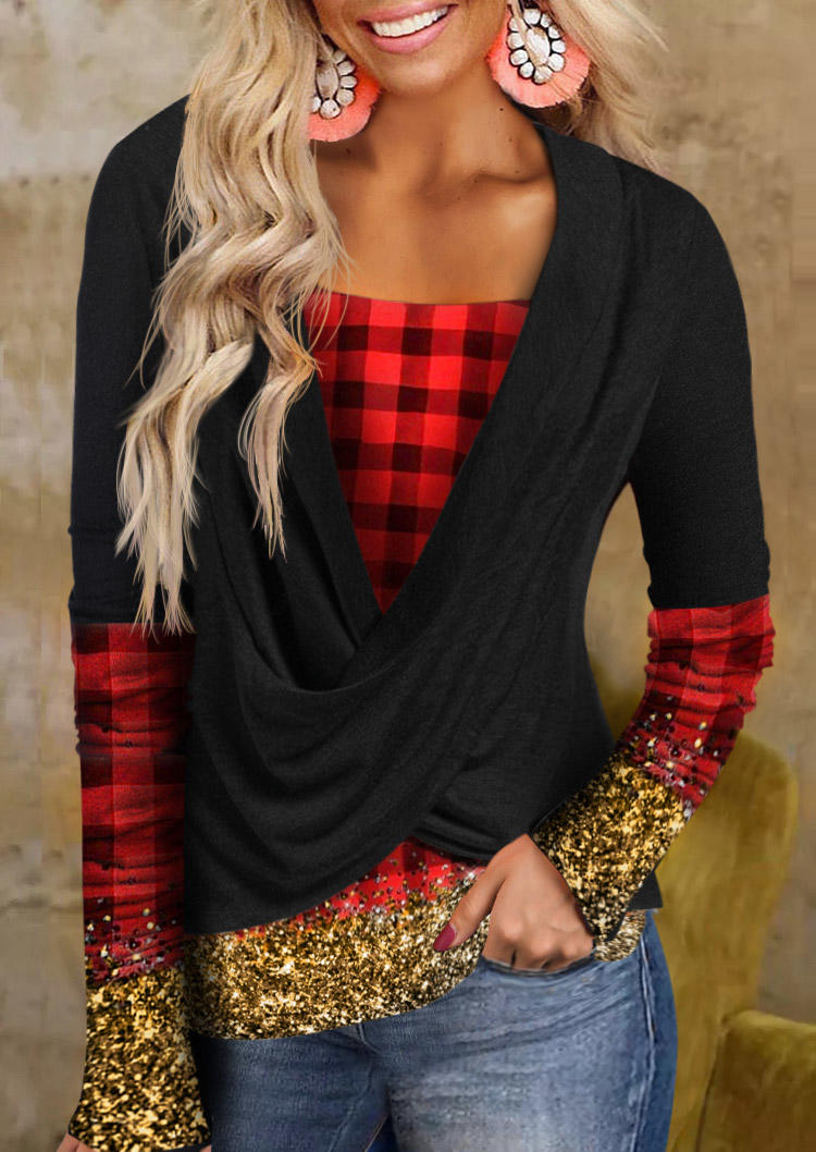 

Glitter Plaid Long Sleeve Fake Two-Piece Blouse - Black, SCM009864