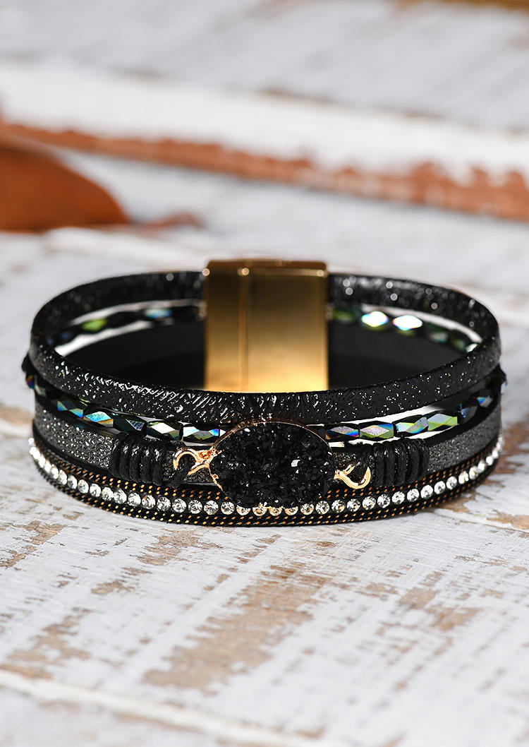 

Rhinestone Multi-Layered Magnet Buckle Bracelet, Black, SCM009898