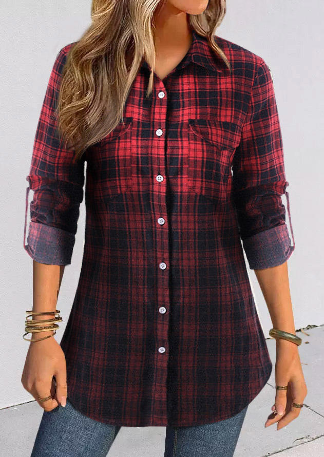 

Gradient Plaid Button Fake Pocket Shirt, Multicolor, SCM009975