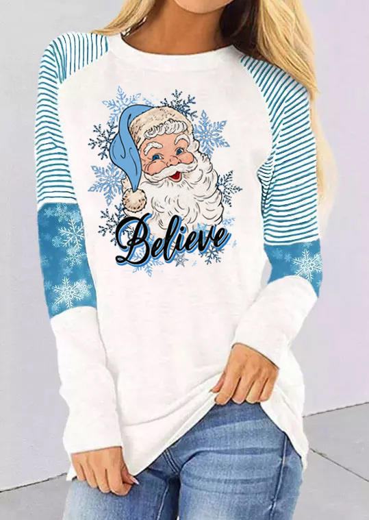 

Christmas Believe Santa Claus Striped Snowflake T-Shirt Tee, Multicolor, SCM010023