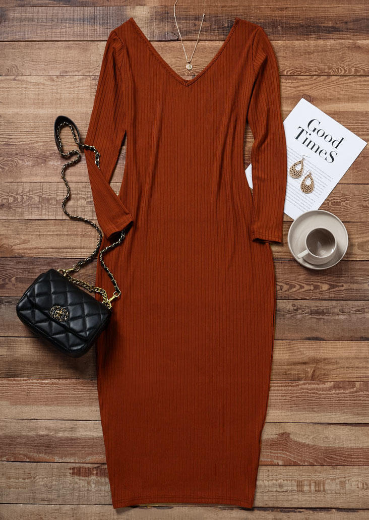 Knitted Long Sleeve V-Neck Sweater Dress - Brown
