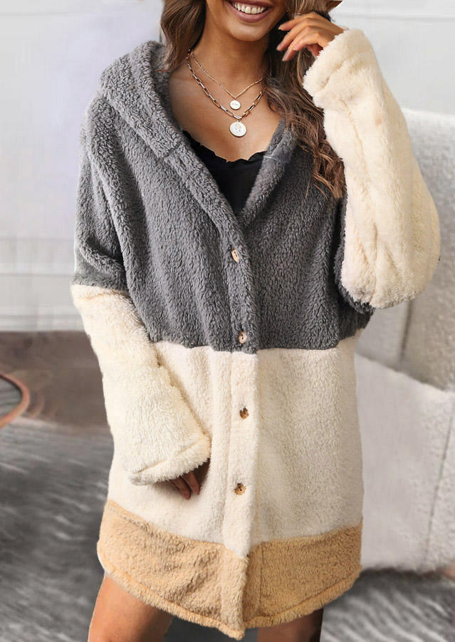 

Color Block Button Slit Fuzzy Hooded Coat, Multicolor, SCM009163