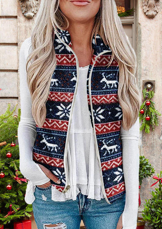 

Christmas Reindeer Snowflake Zipper Vest Coat, Multicolor, SCM009291