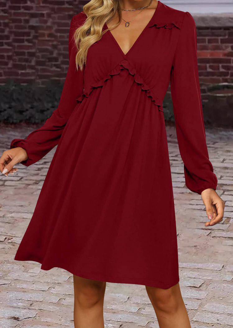

Ruffled Long Sleeve V-Neck Mini Dress - Burgundy, Red, SCM009580