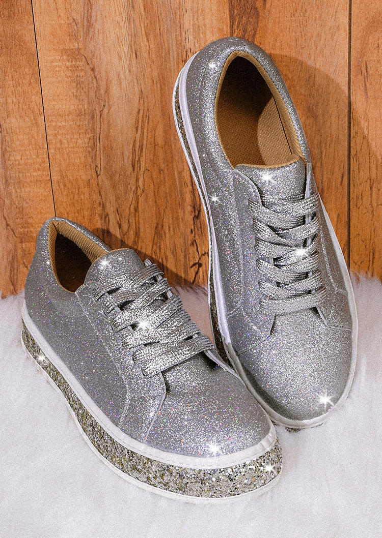 Glitter Lace Up Sneakers - Silver