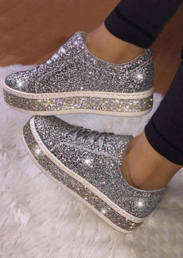 

Glitter Lace Up Sneakers - Silver, SCM009835