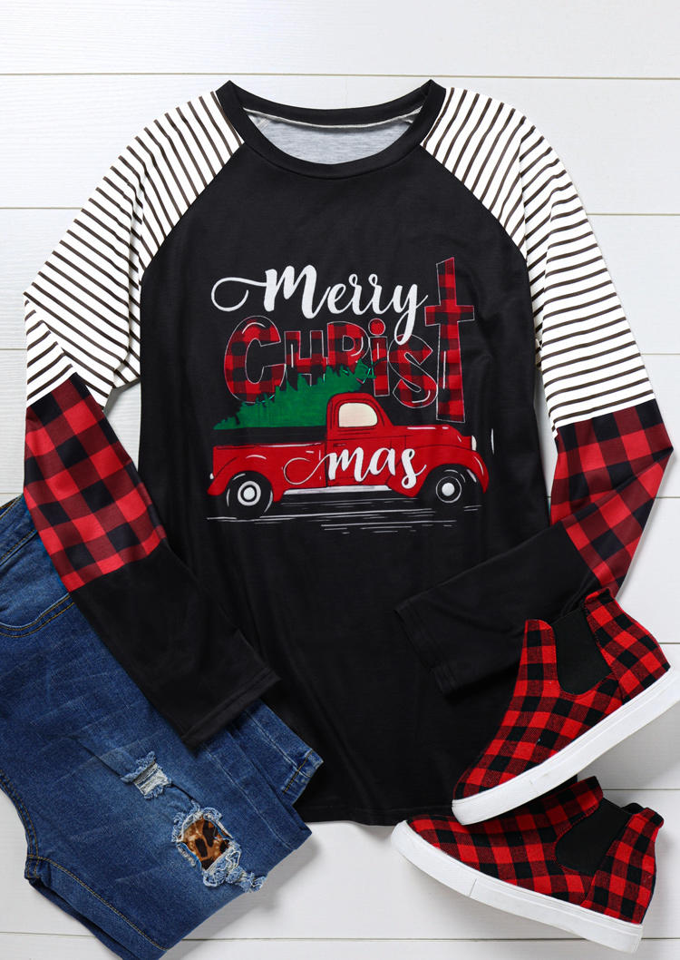 Merry Christmas Tree Plaid Striped Truck T-Shirt Tee - Black