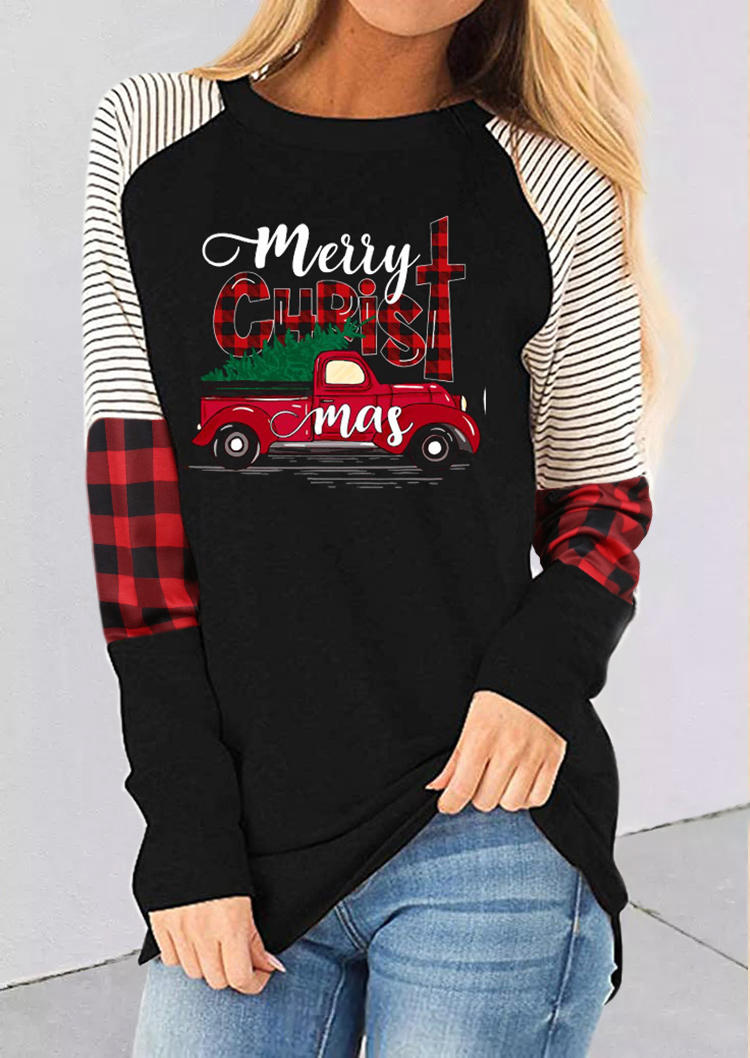 

Merry Christmas Tree Plaid Striped Truck T-Shirt Tee - Black, SCM009930