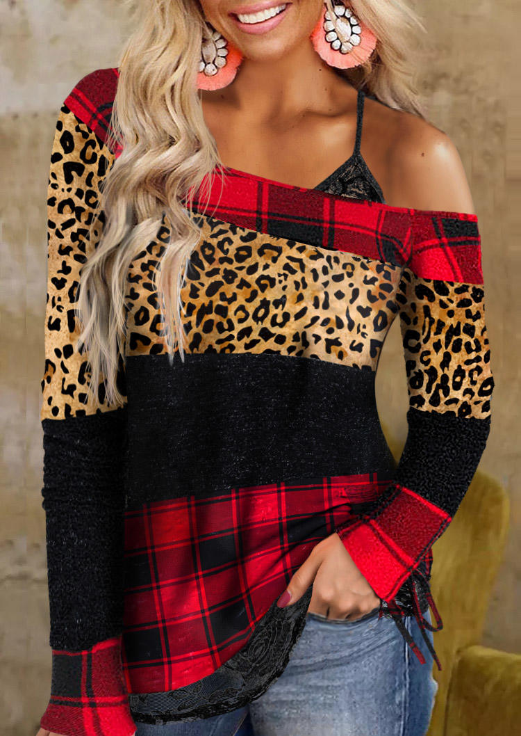 Buffalo Plaid Leopard Drawstring Lace Splicing Blouse