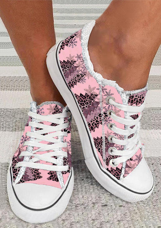 

Christmas Leopard Tree Snowflake Lace Up Flat Sneakers - Pink, SCM010000