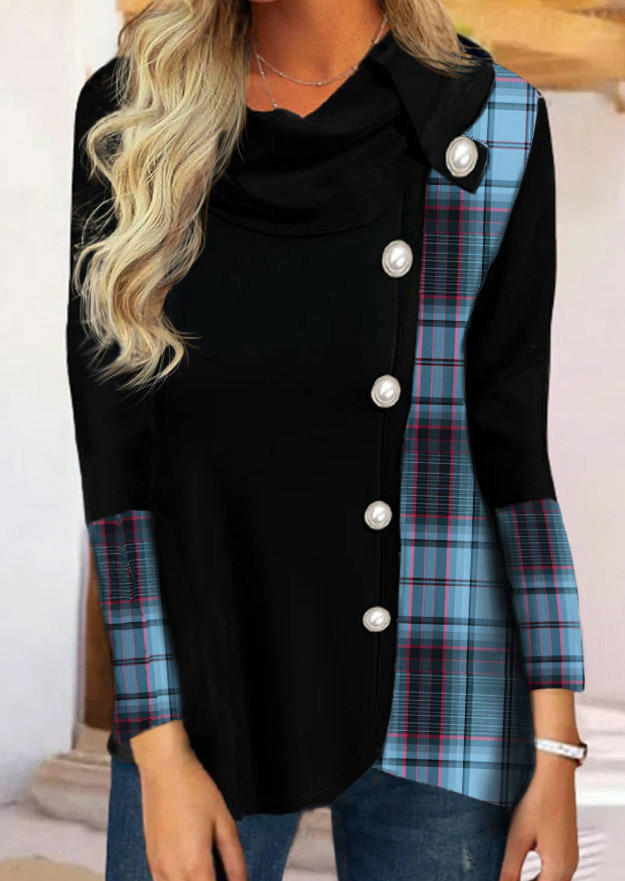 

Plaid Irregular Button Long Sleeve Blouse - Black, SCM010047